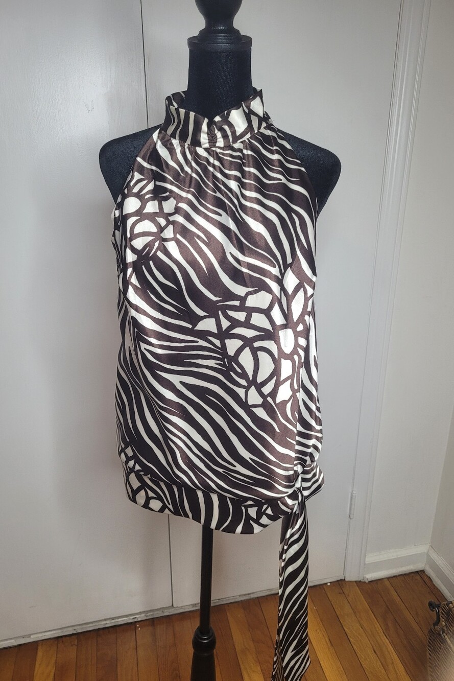 Willi Smith Brown and White Satin Halter Zebra-Print Top